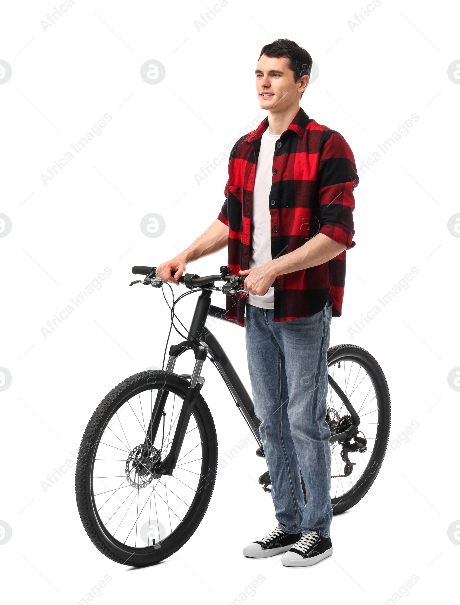 Photo of Smiling man with bicycle isolated on white