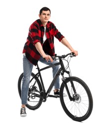 Photo of Young man on bicycle against white background