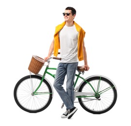 Photo of Smiling man in sunglasses near bicycle with basket isolated on white