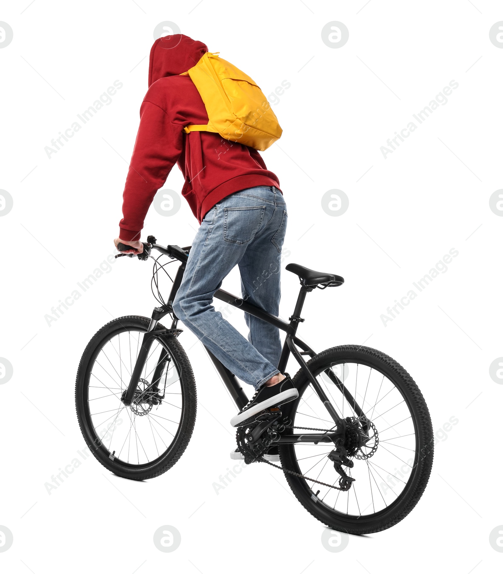 Photo of Man with backpack riding bicycle on white background