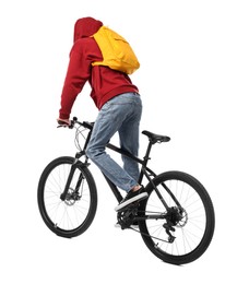 Photo of Man with backpack riding bicycle on white background