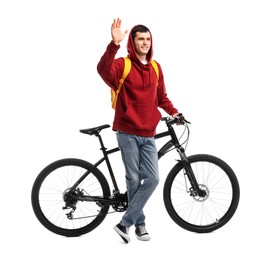 Smiling man with bicycle isolated on white