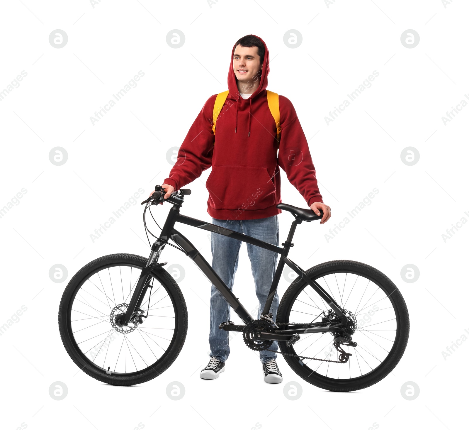 Photo of Smiling man with bicycle isolated on white