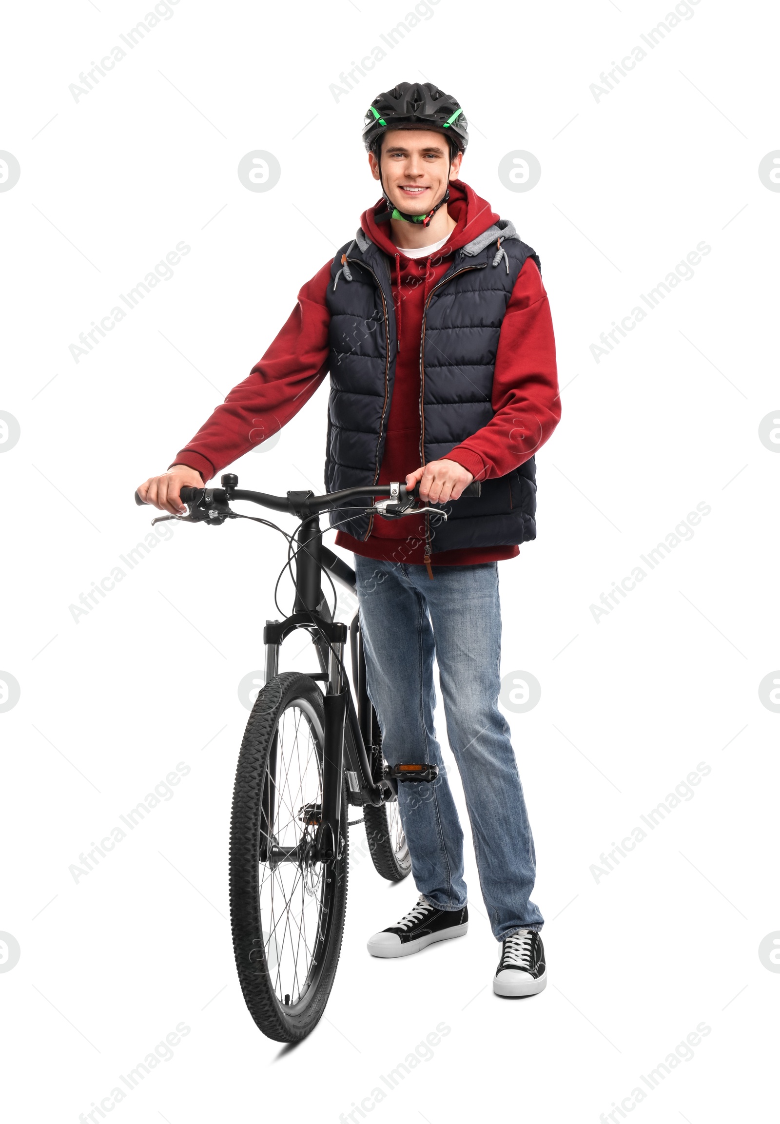 Photo of Smiling man in helmet with bicycle isolated on white