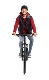 Smiling man in helmet riding bicycle on white background