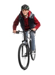 Photo of Smiling man in helmet riding bicycle on white background