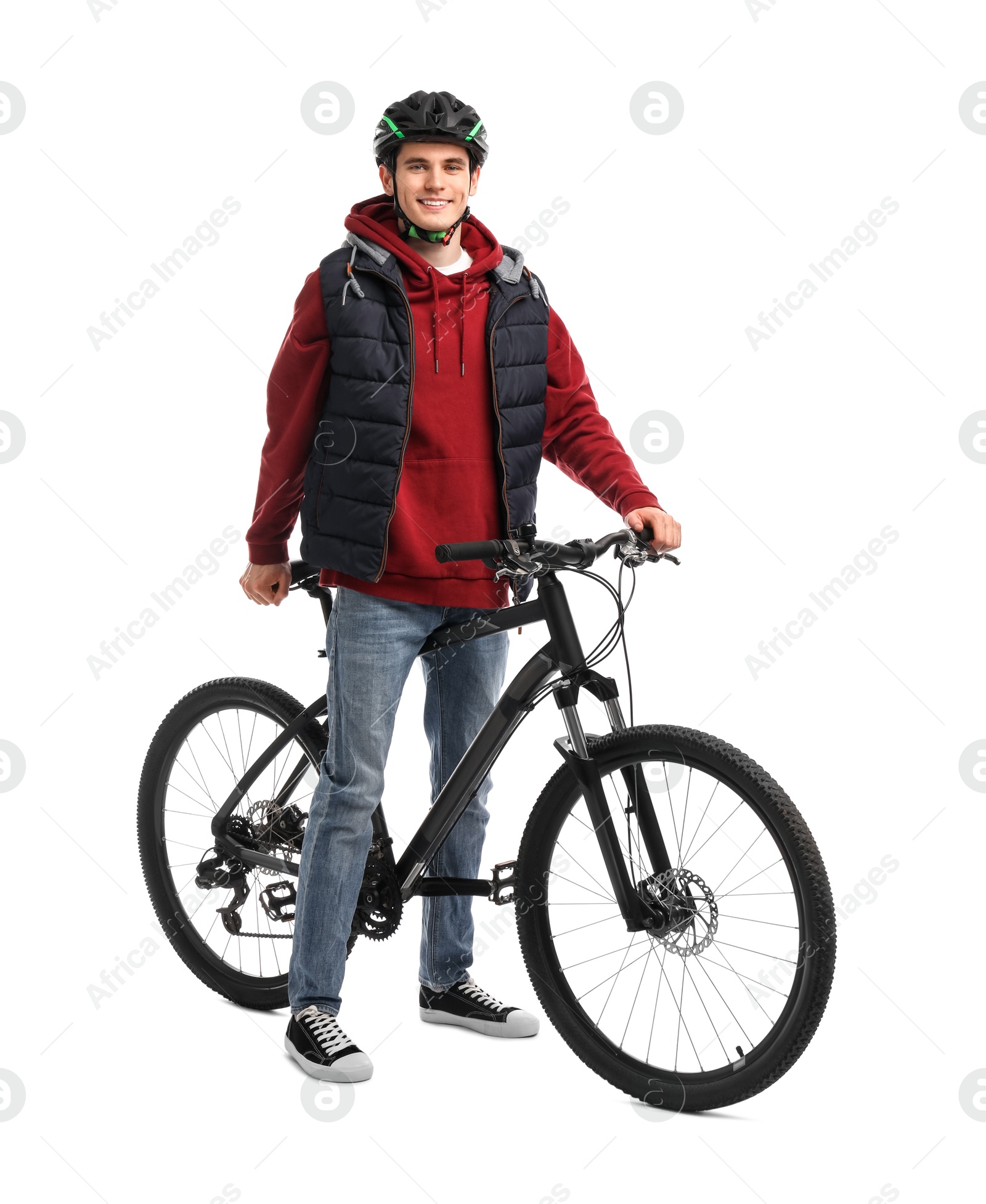 Photo of Smiling man in helmet with bicycle isolated on white