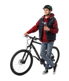 Smiling man in helmet with bicycle and bottle of water isolated on white