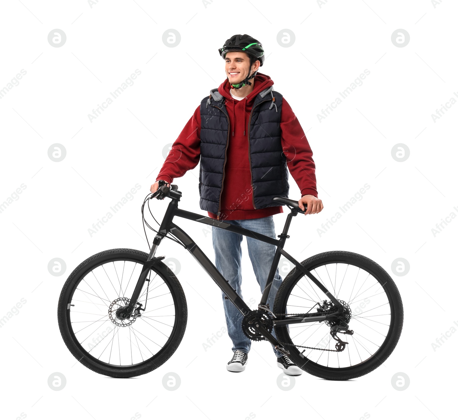 Photo of Smiling man in helmet with bicycle isolated on white