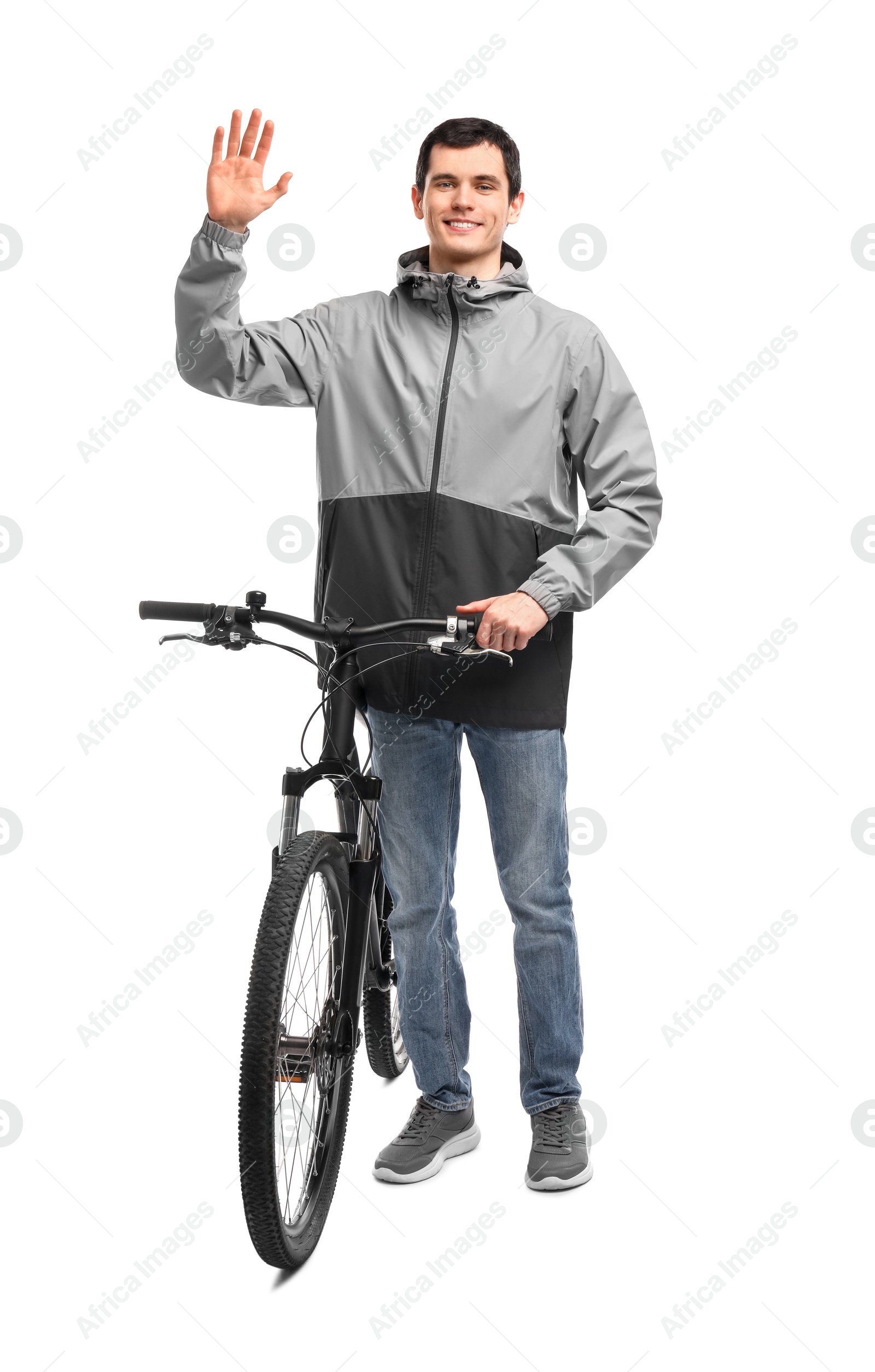 Photo of Smiling man with bicycle isolated on white