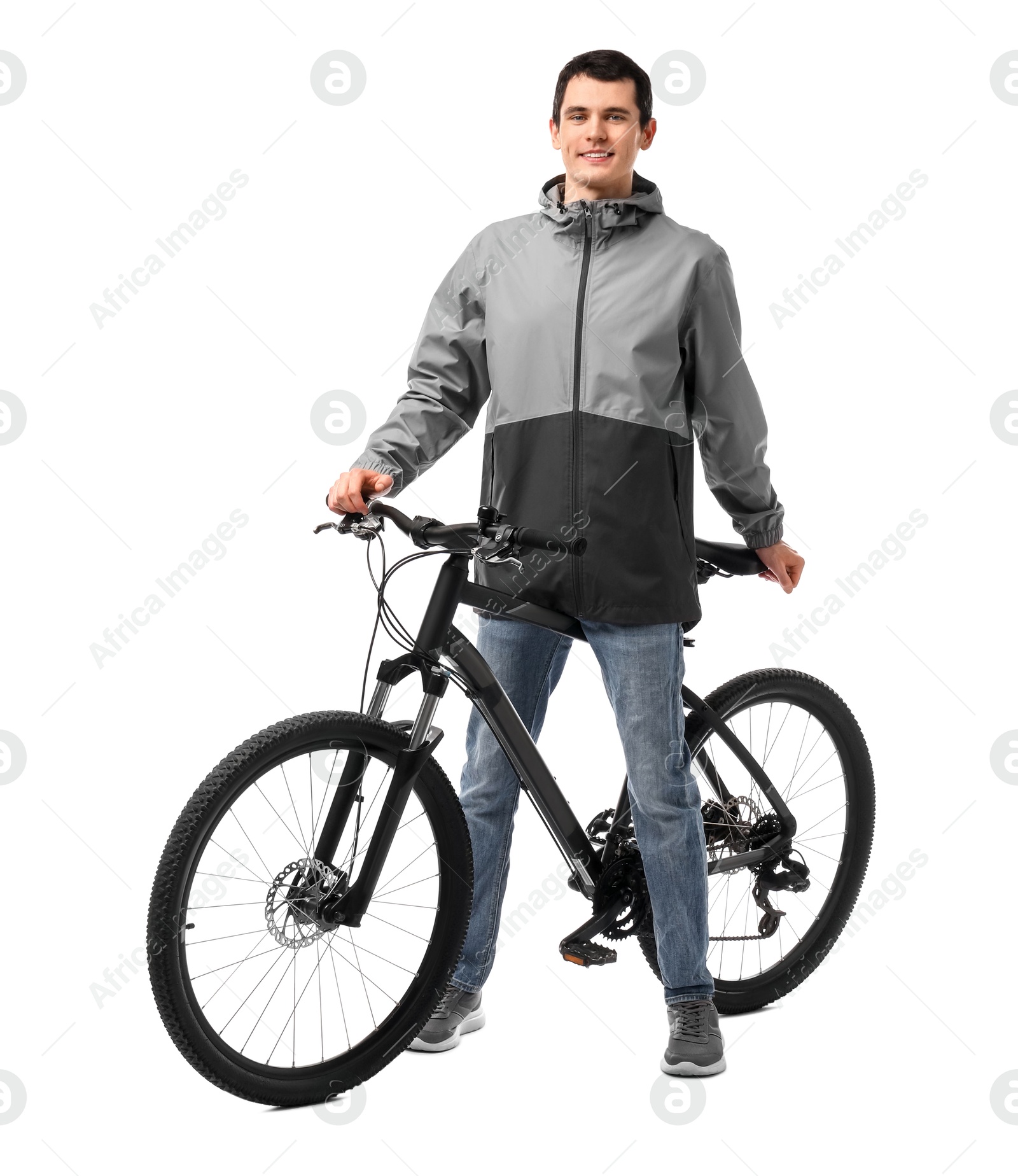 Photo of Smiling man with bicycle isolated on white