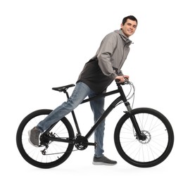 Smiling man with bicycle isolated on white