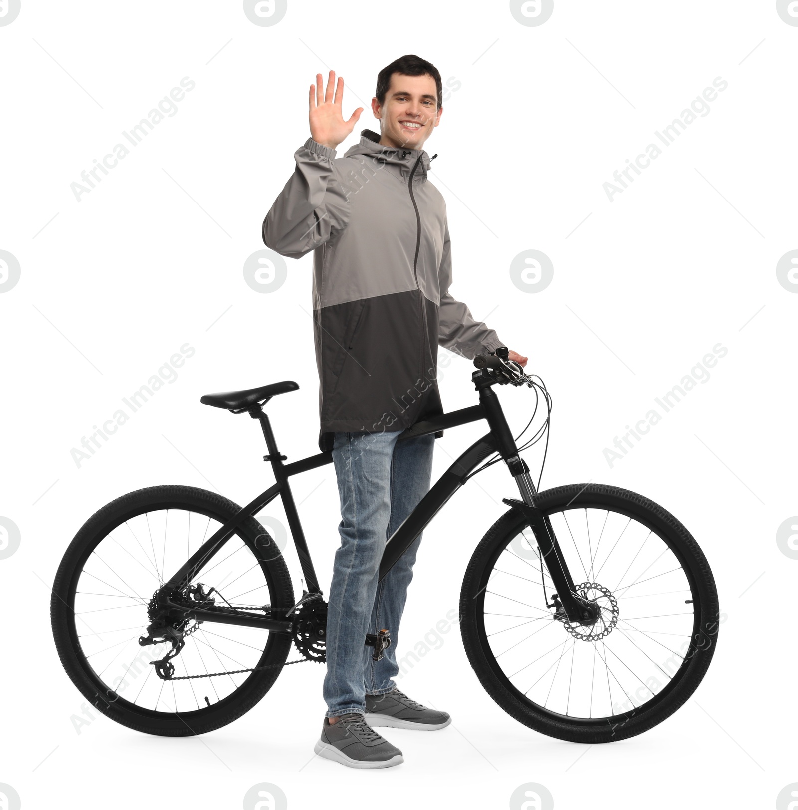 Photo of Smiling man with bicycle isolated on white