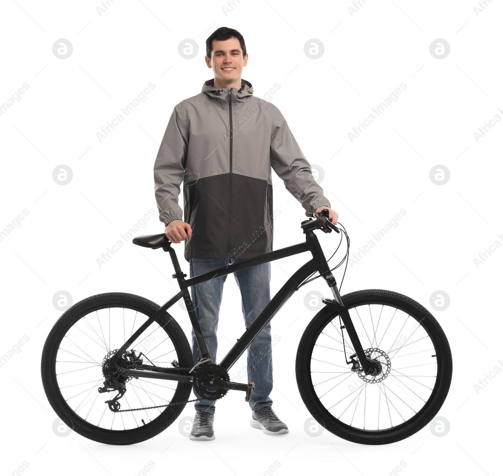 Photo of Smiling man with bicycle isolated on white