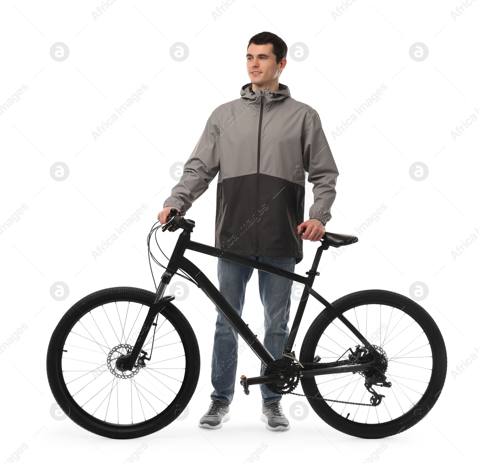 Photo of Smiling man with bicycle isolated on white