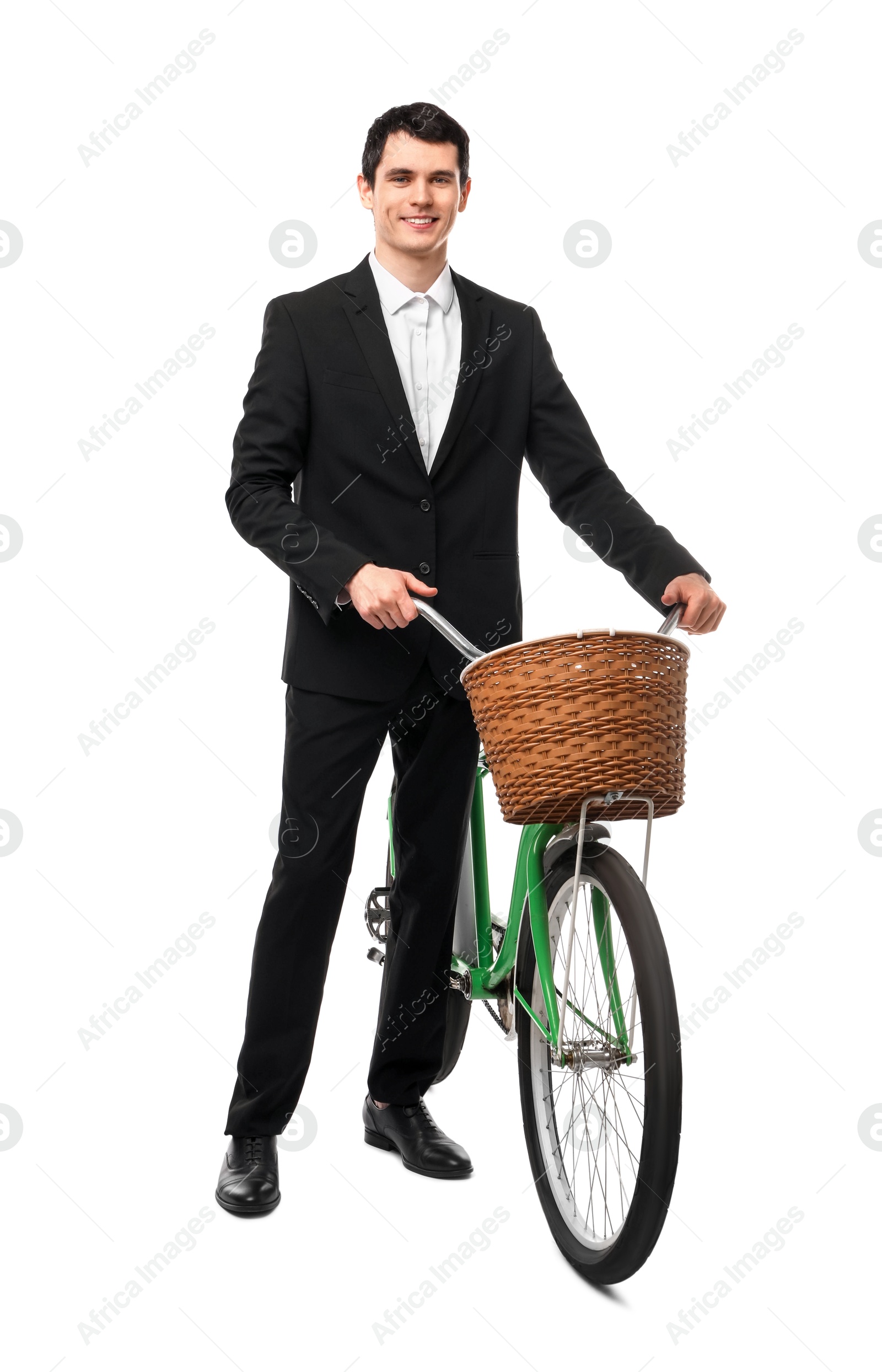 Photo of Smiling man with bicycle and basket isolated on white