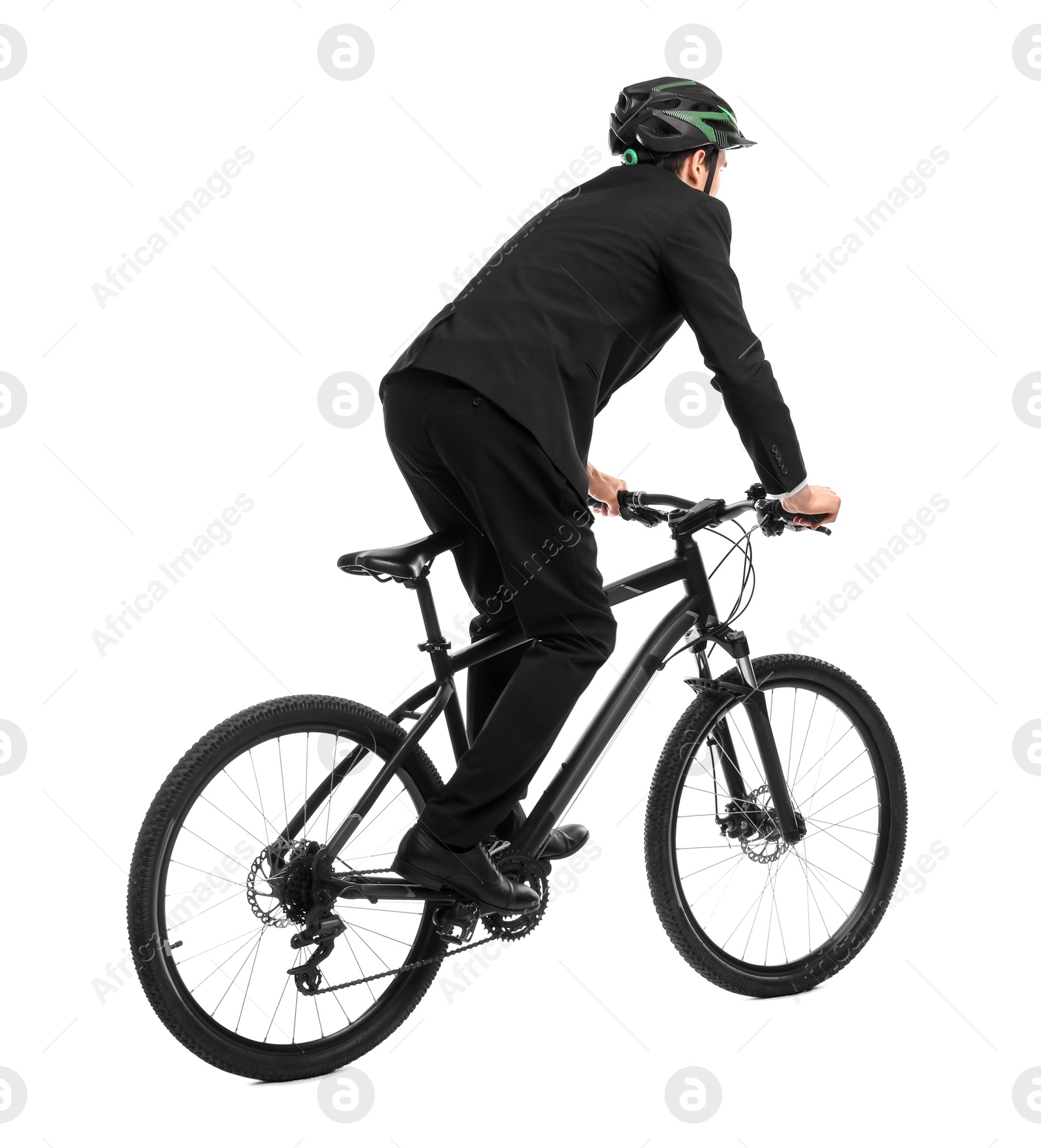 Photo of Man in helmet riding bicycle on white background