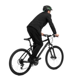 Photo of Man in helmet riding bicycle on white background