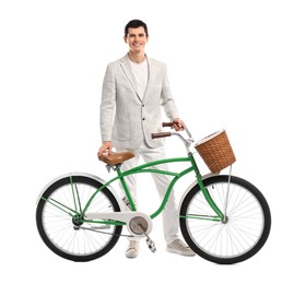 Photo of Smiling man with bicycle and basket isolated on white