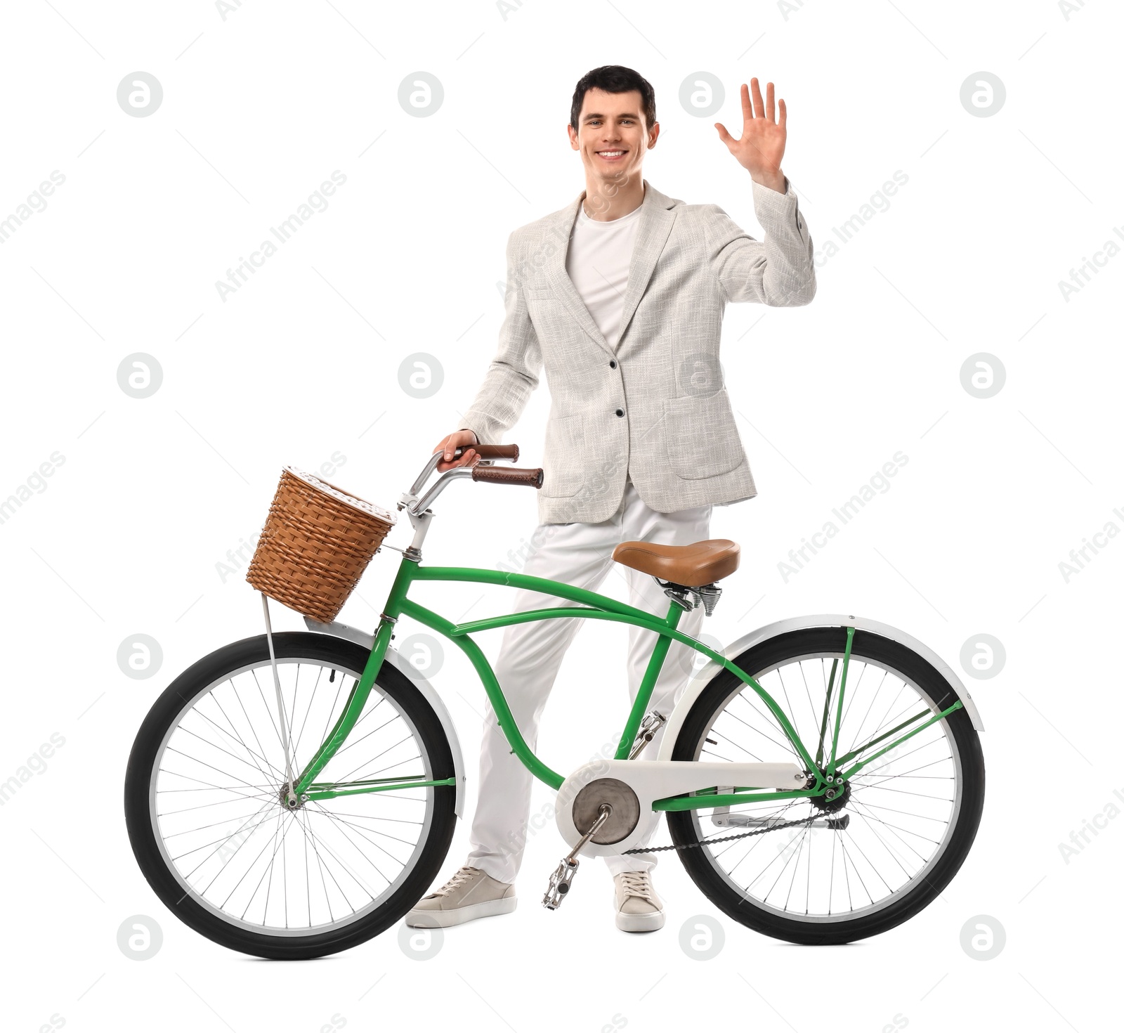 Photo of Smiling man with bicycle and basket isolated on white