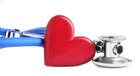 Photo of Stethoscope and red heart isolated on white