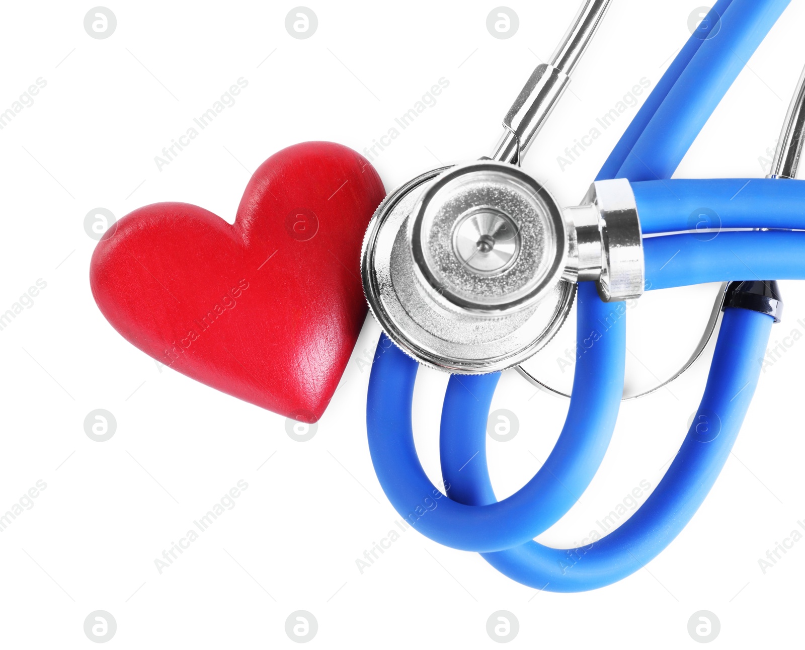 Photo of Stethoscope and red heart isolated on white, top view