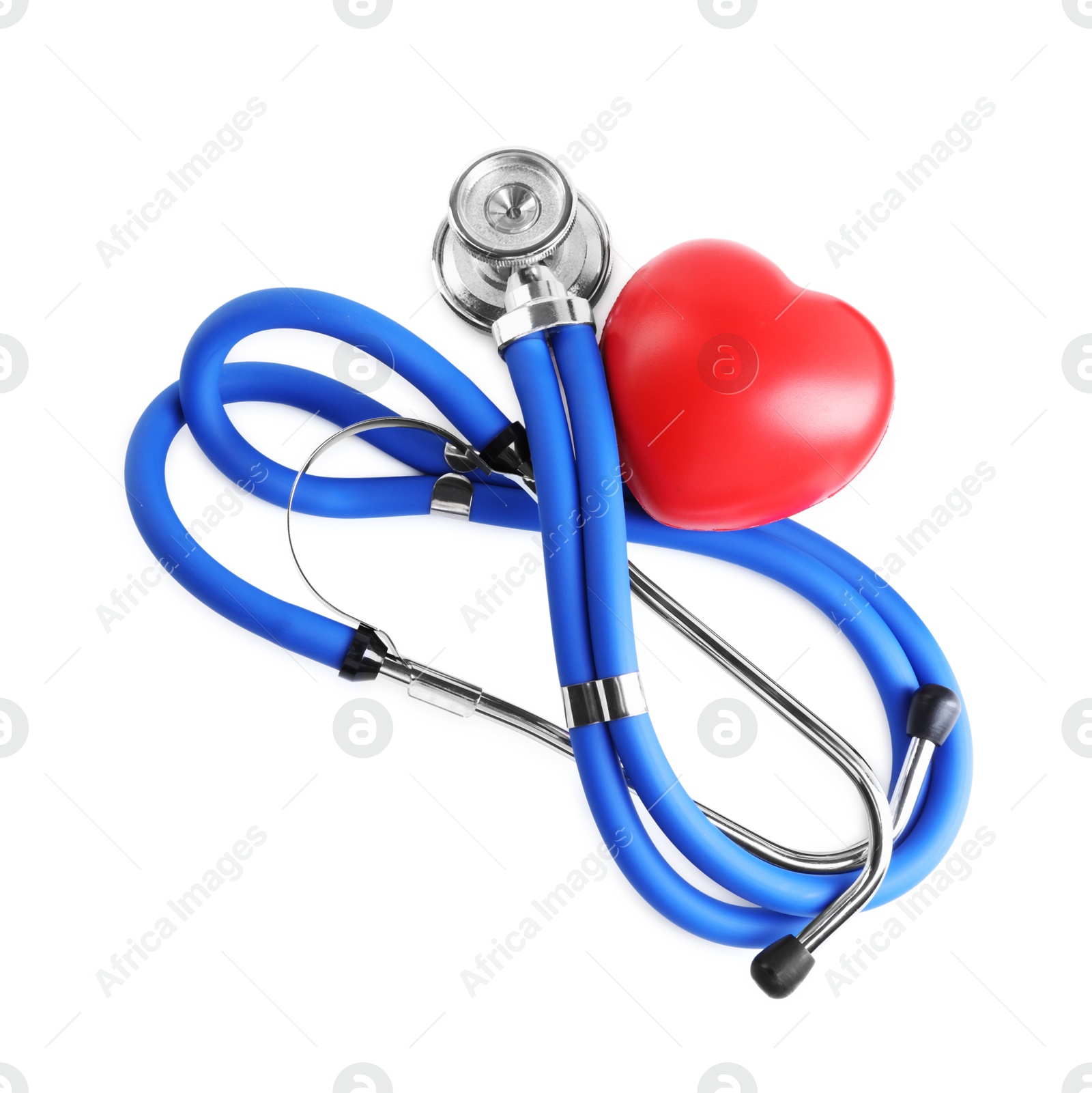 Photo of Stethoscope and red heart isolated on white, top view