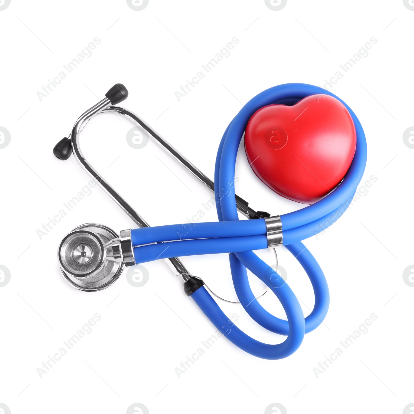 Photo of Stethoscope and red heart isolated on white, top view