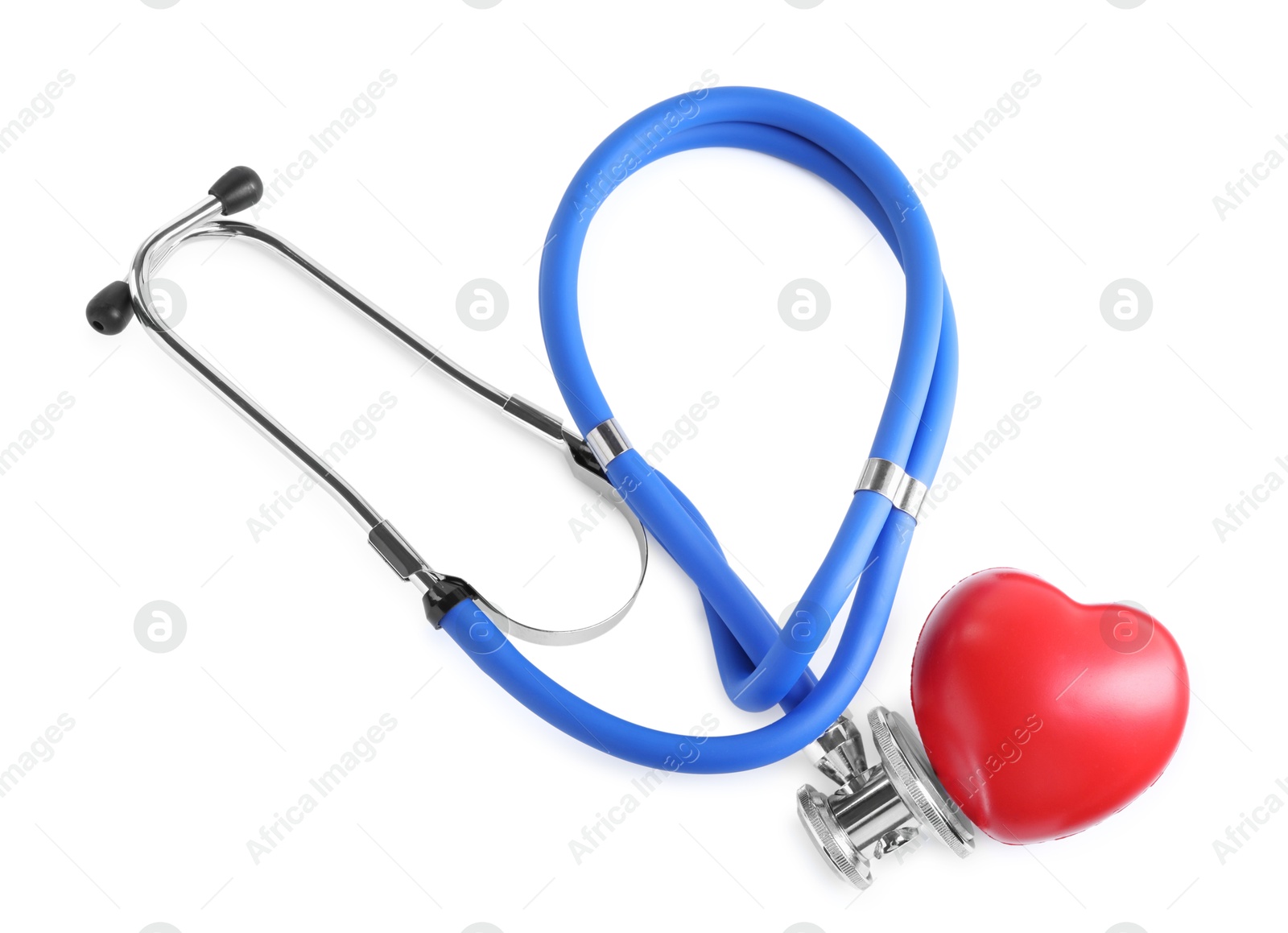 Photo of Stethoscope and red heart isolated on white, top view