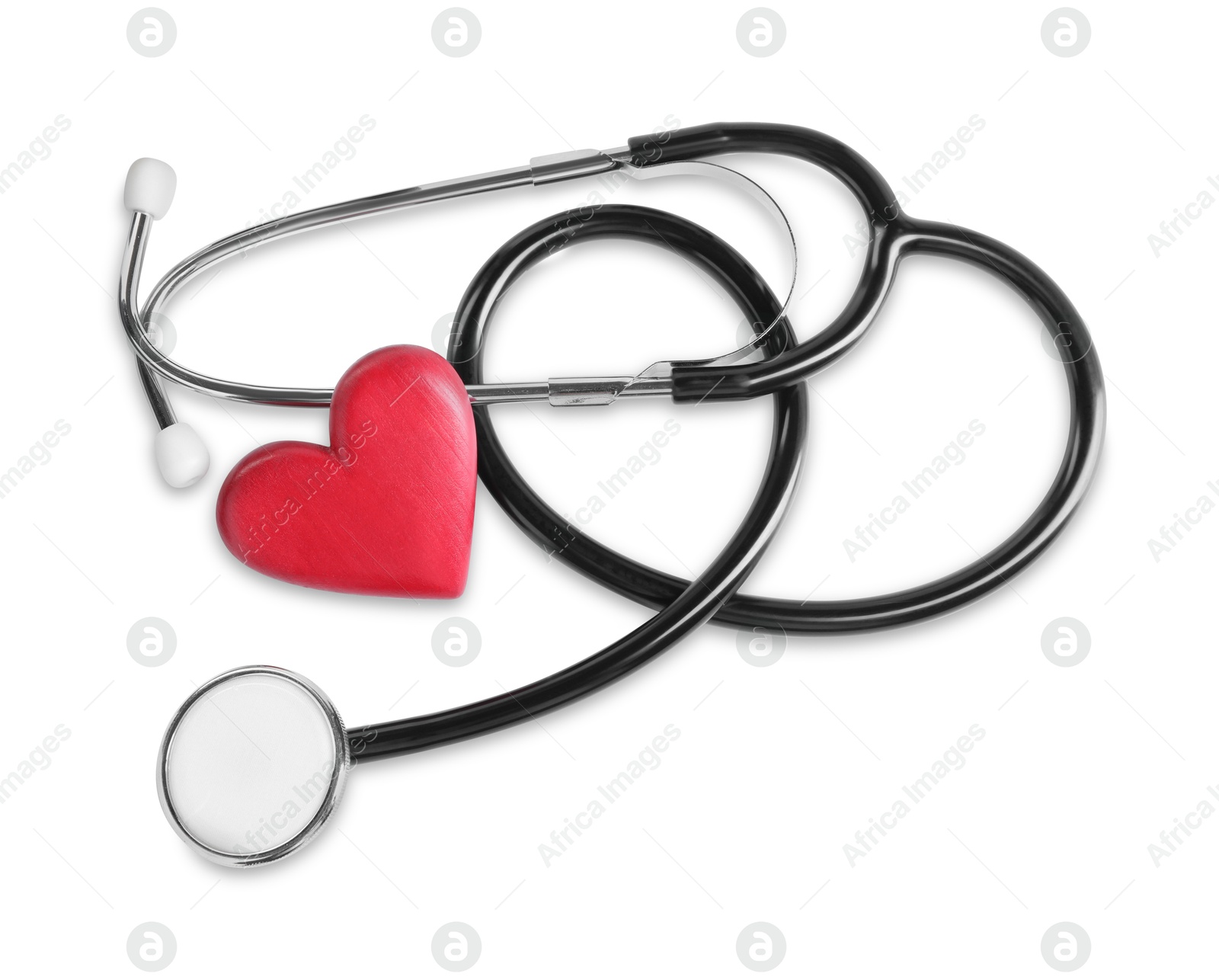 Photo of Stethoscope and red heart isolated on white, top view