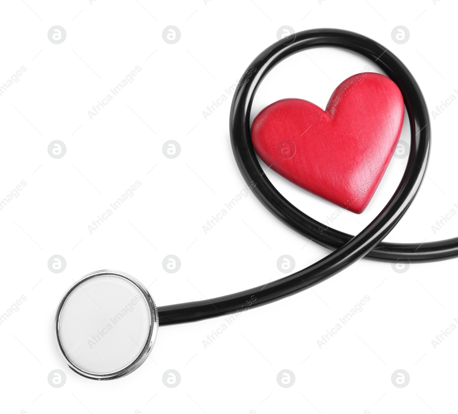 Photo of Stethoscope and red heart isolated on white, top view