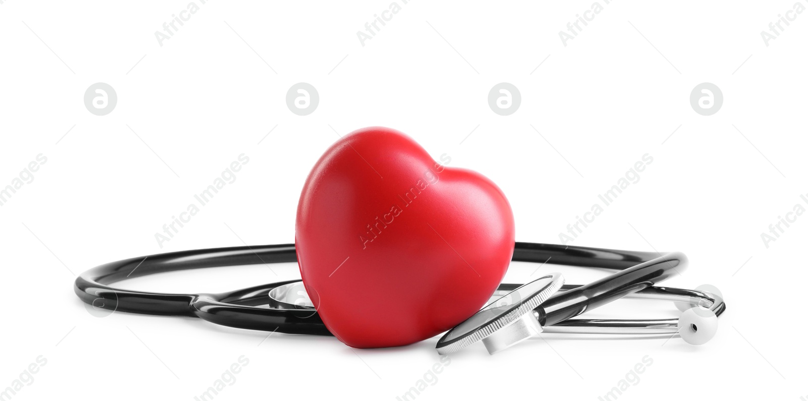 Photo of Stethoscope and red heart isolated on white