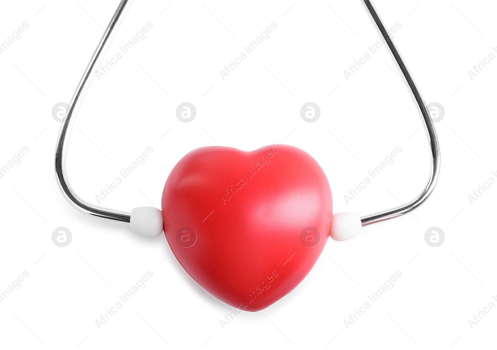 Photo of Stethoscope and red heart isolated on white, top view