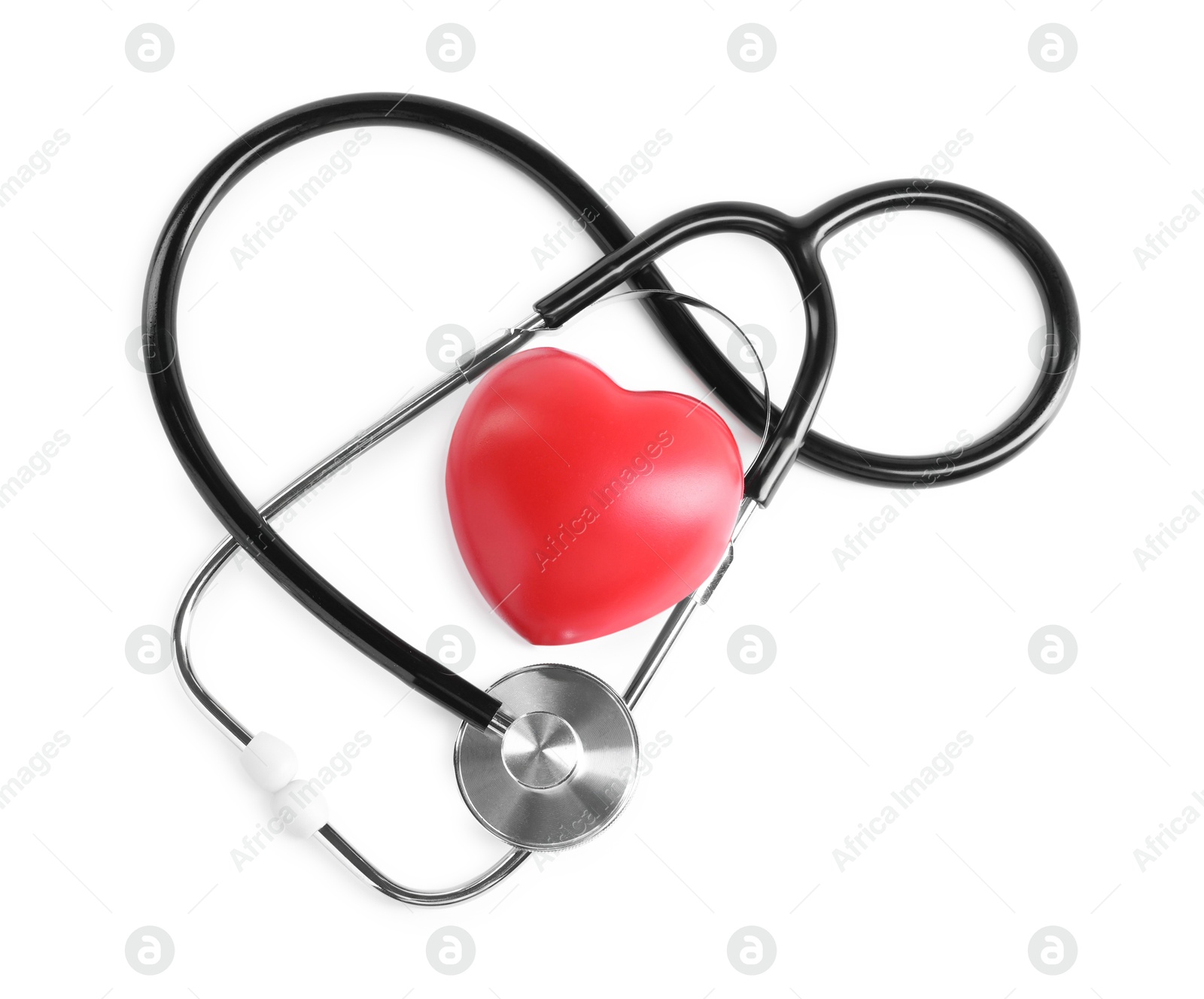 Photo of Stethoscope and red heart isolated on white, top view