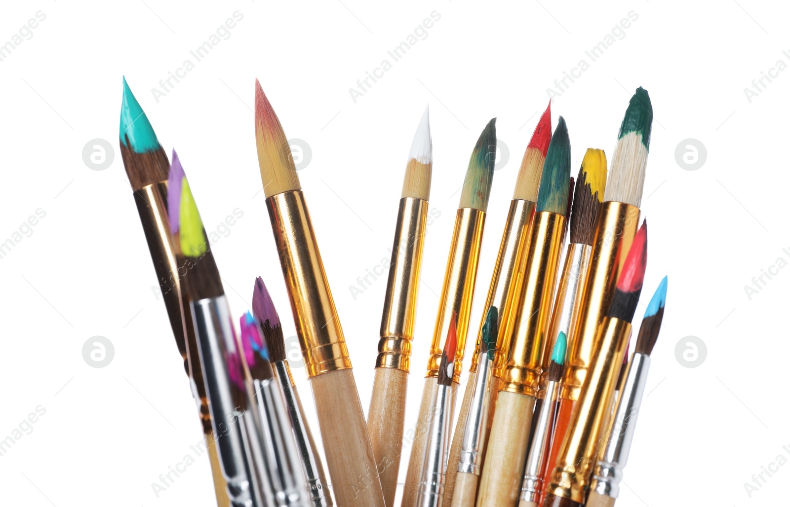 Photo of Wooden brushes with colorful paints isolated on white