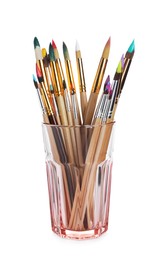 Photo of Wooden brushes with colorful paints in glass isolated on white