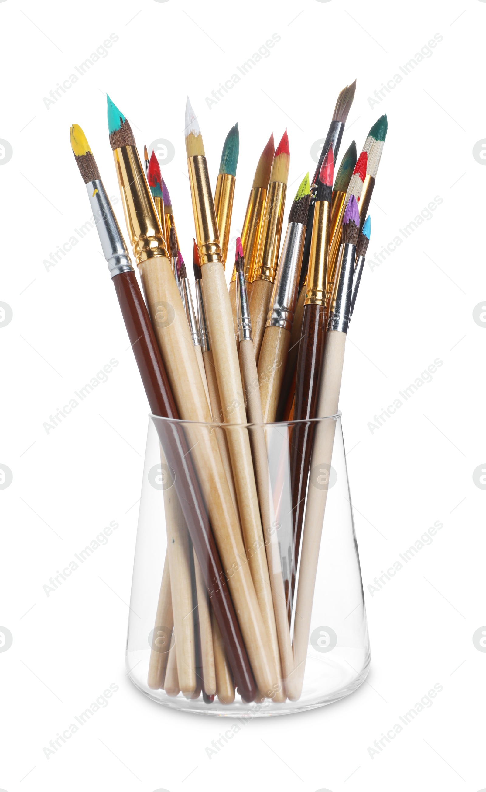 Photo of Wooden brushes with colorful paints in glass isolated on white