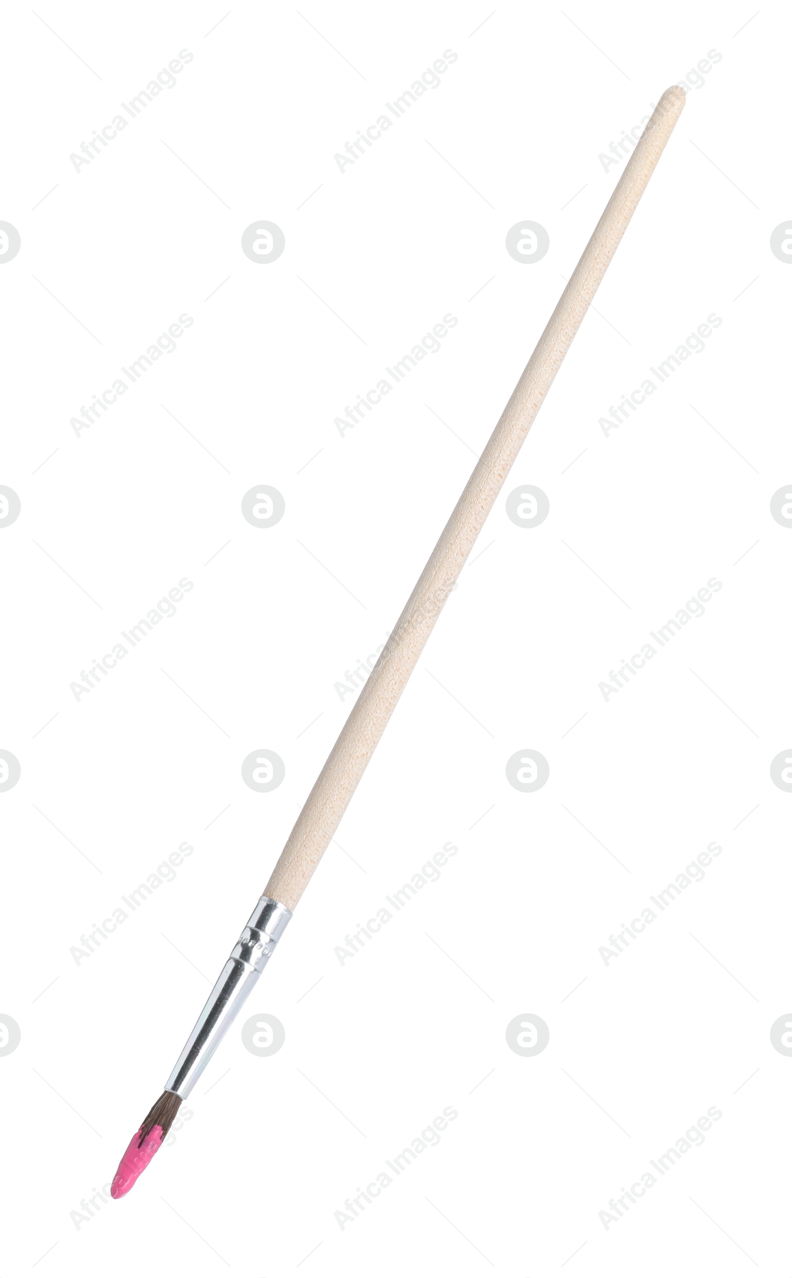 Photo of Wooden brush with pink paint isolated on white