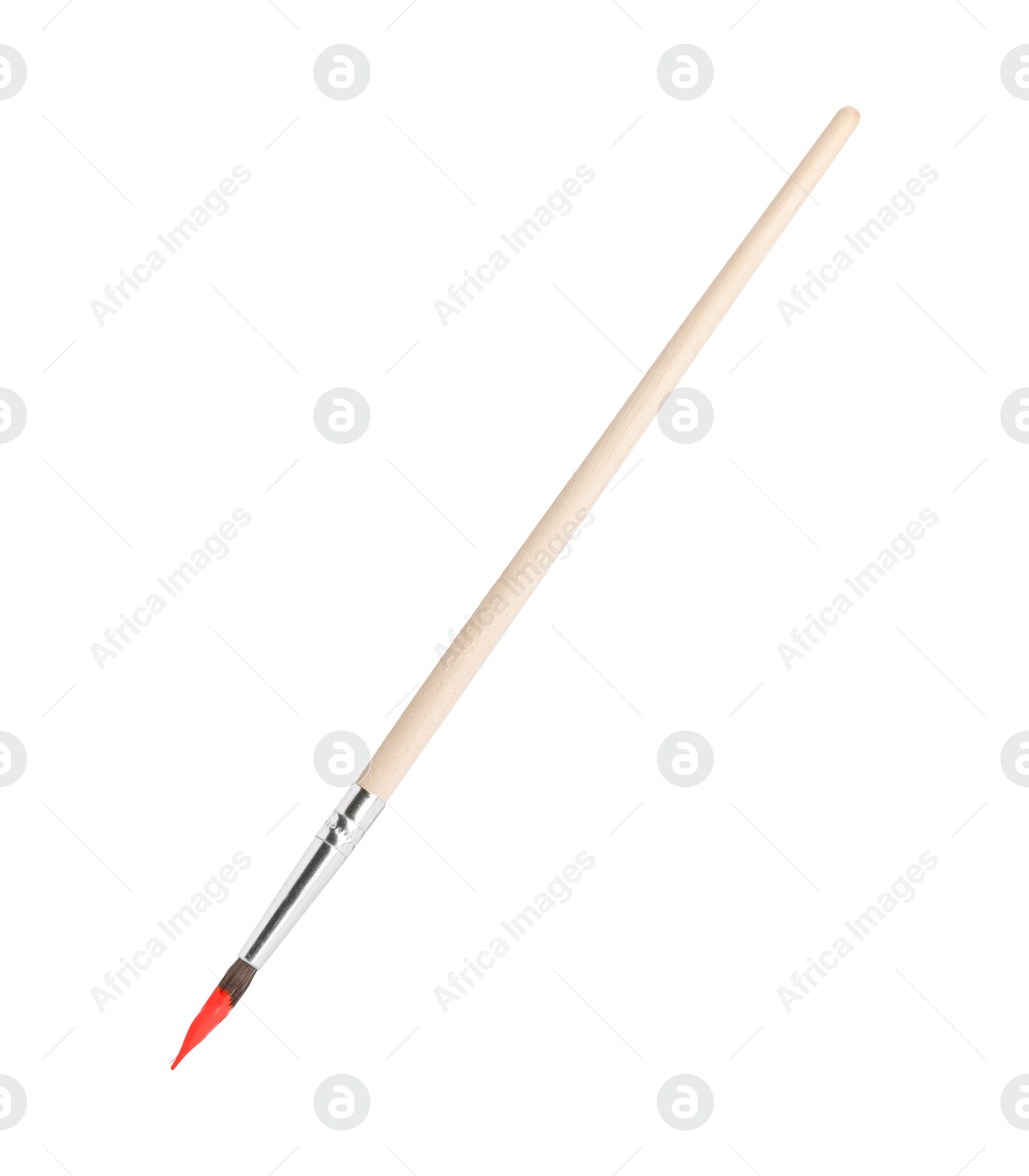 Photo of Wooden brush with orange paint isolated on white