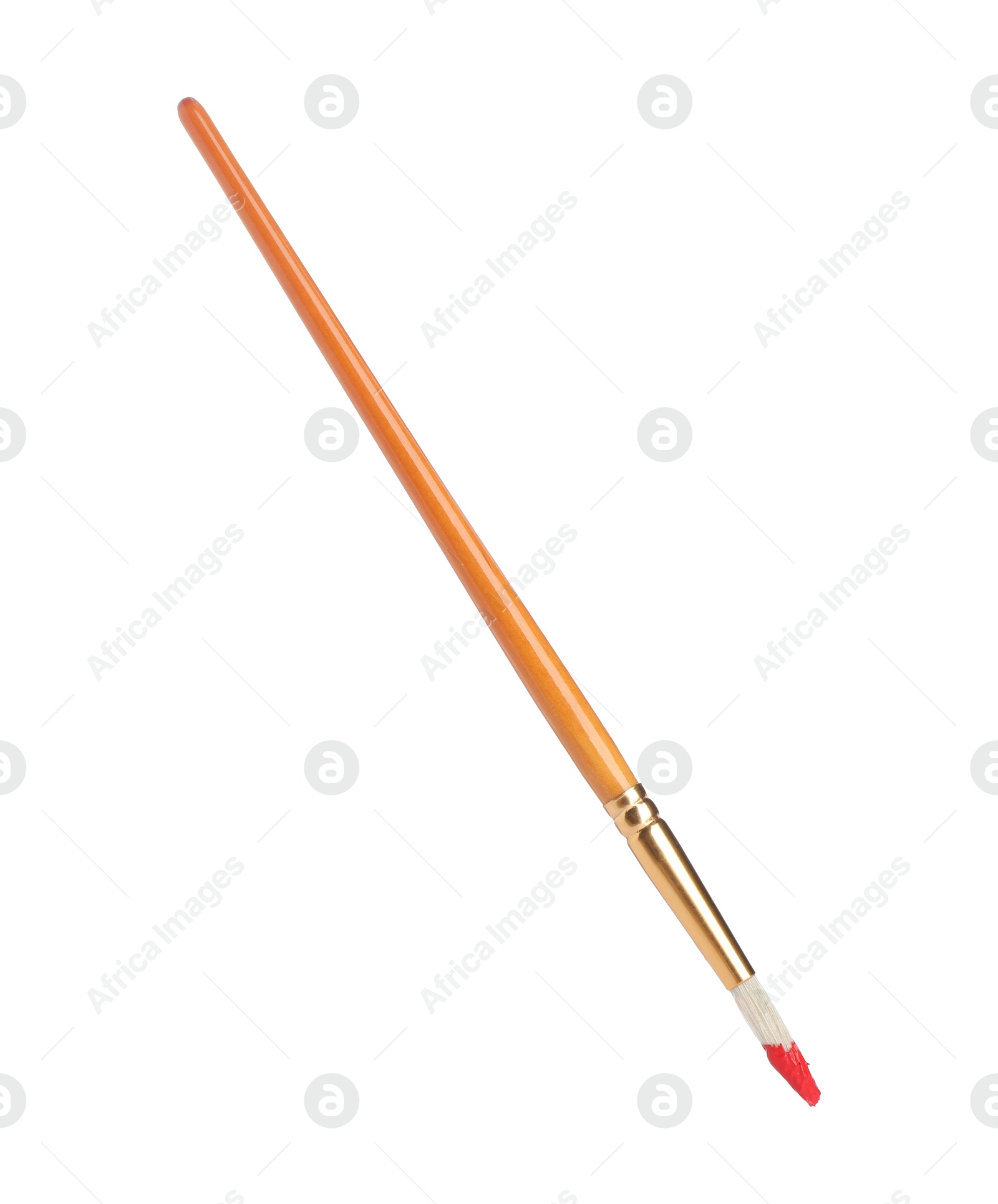 Photo of Wooden brush with red paint isolated on white