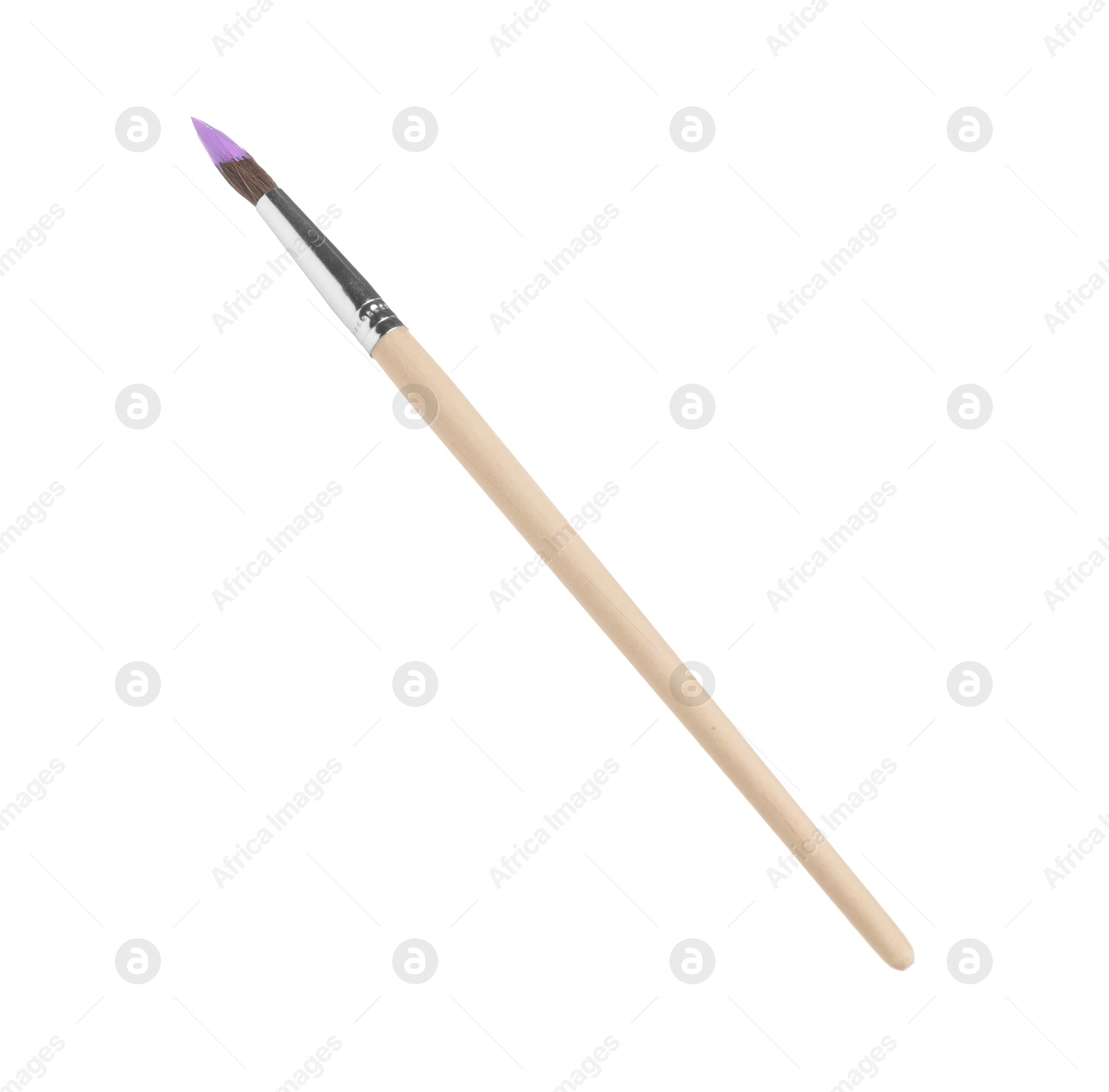 Photo of Wooden brush with violet paint isolated on white