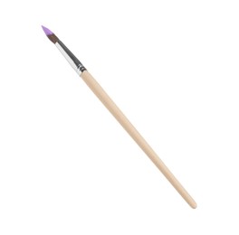 Photo of Wooden brush with violet paint isolated on white