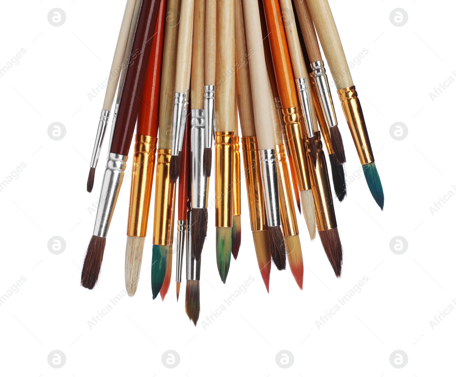 Photo of Many different paint brushes on white background