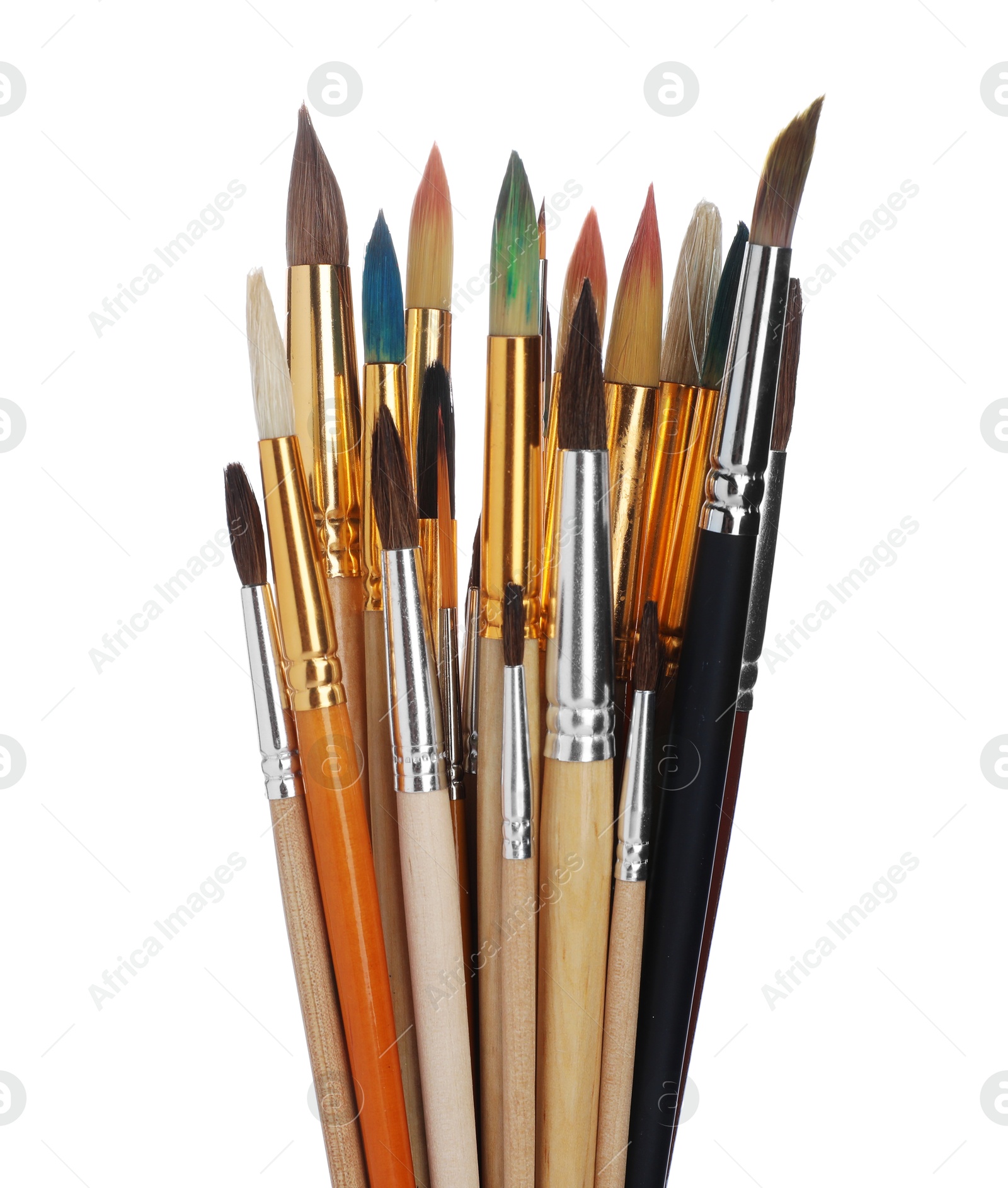 Photo of Many different paint brushes on white background