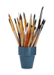 Many different paint brushes on white background