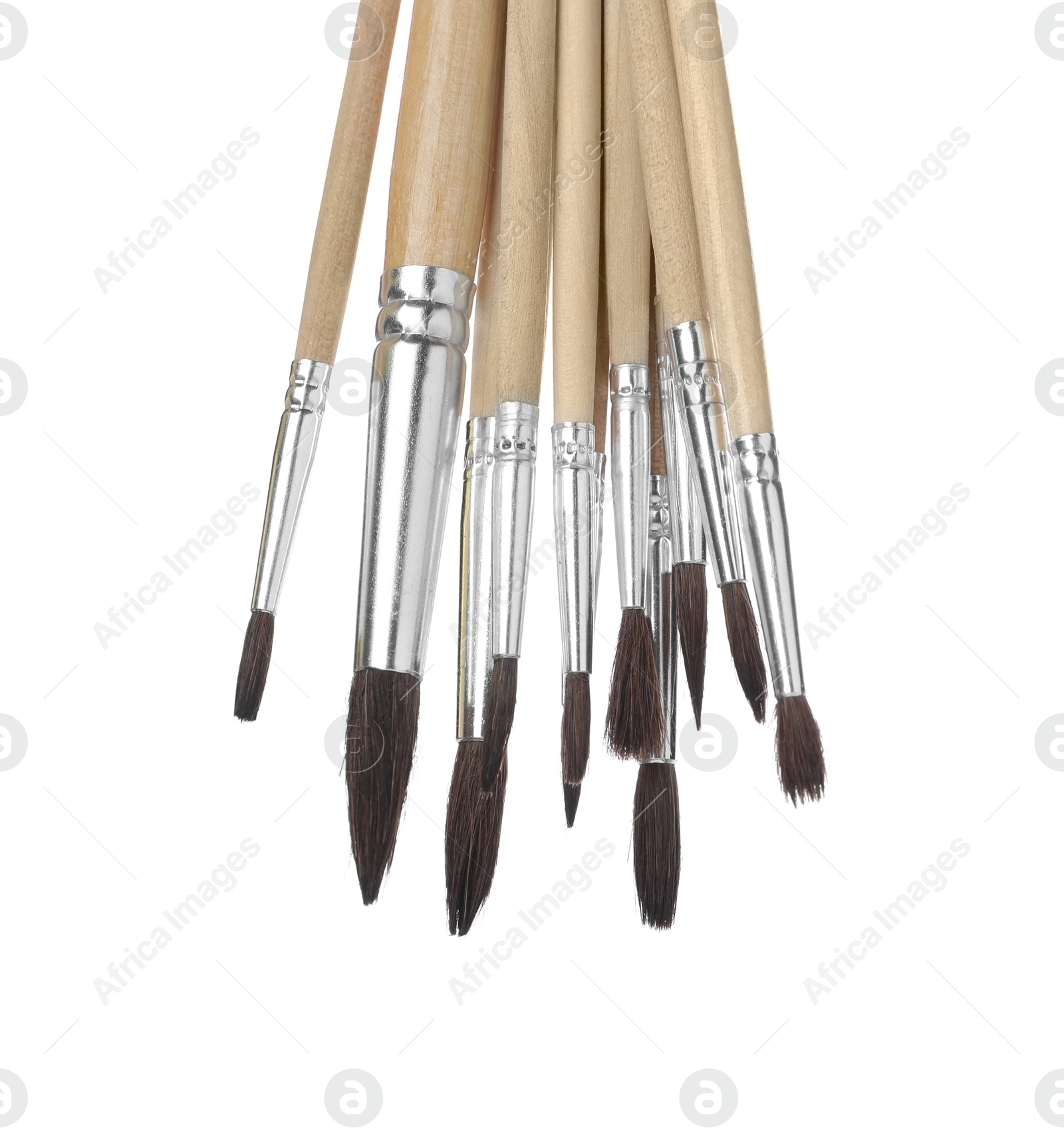 Photo of Many different paint brushes on white background