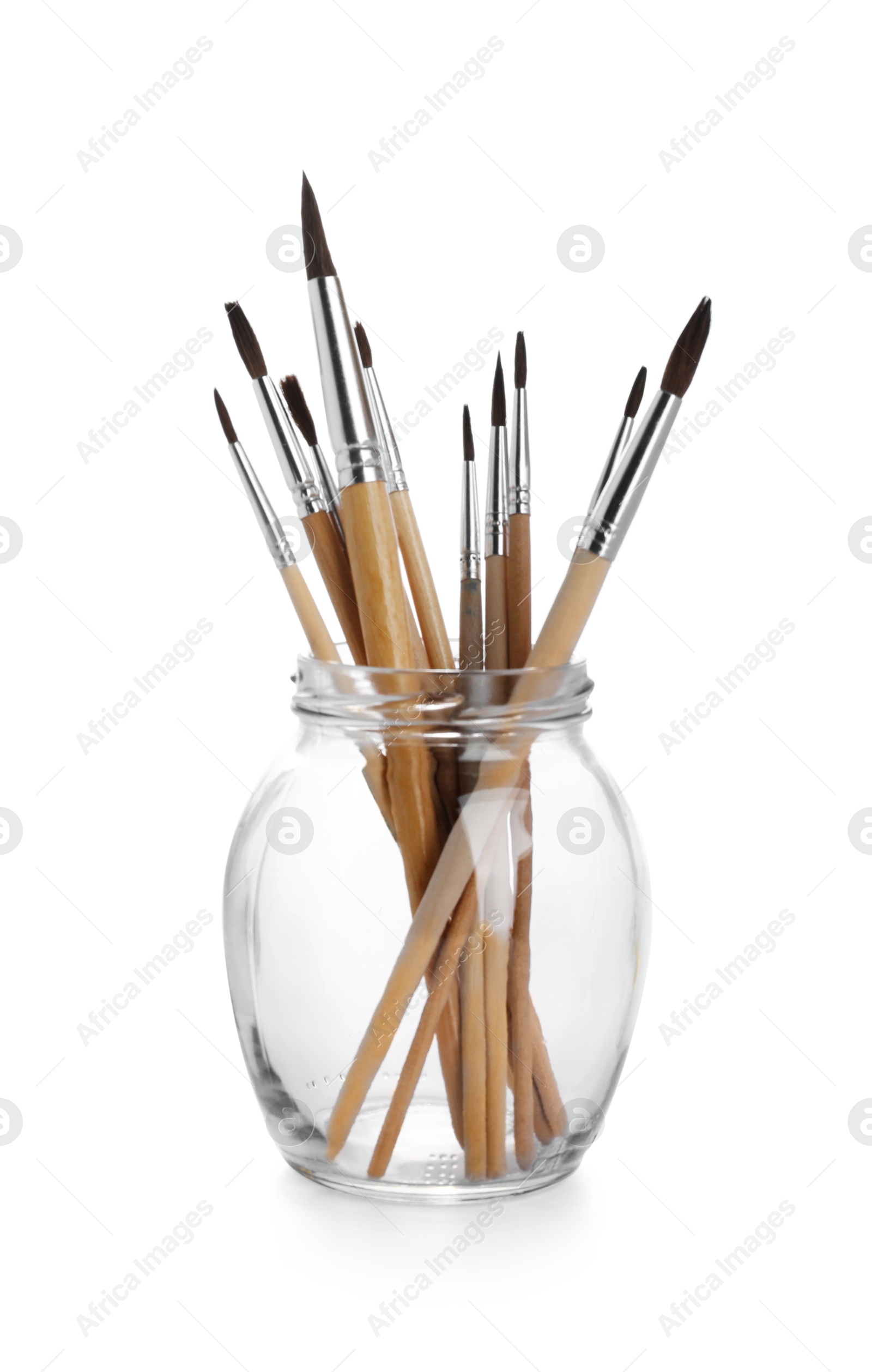 Photo of Many different paint brushes on white background