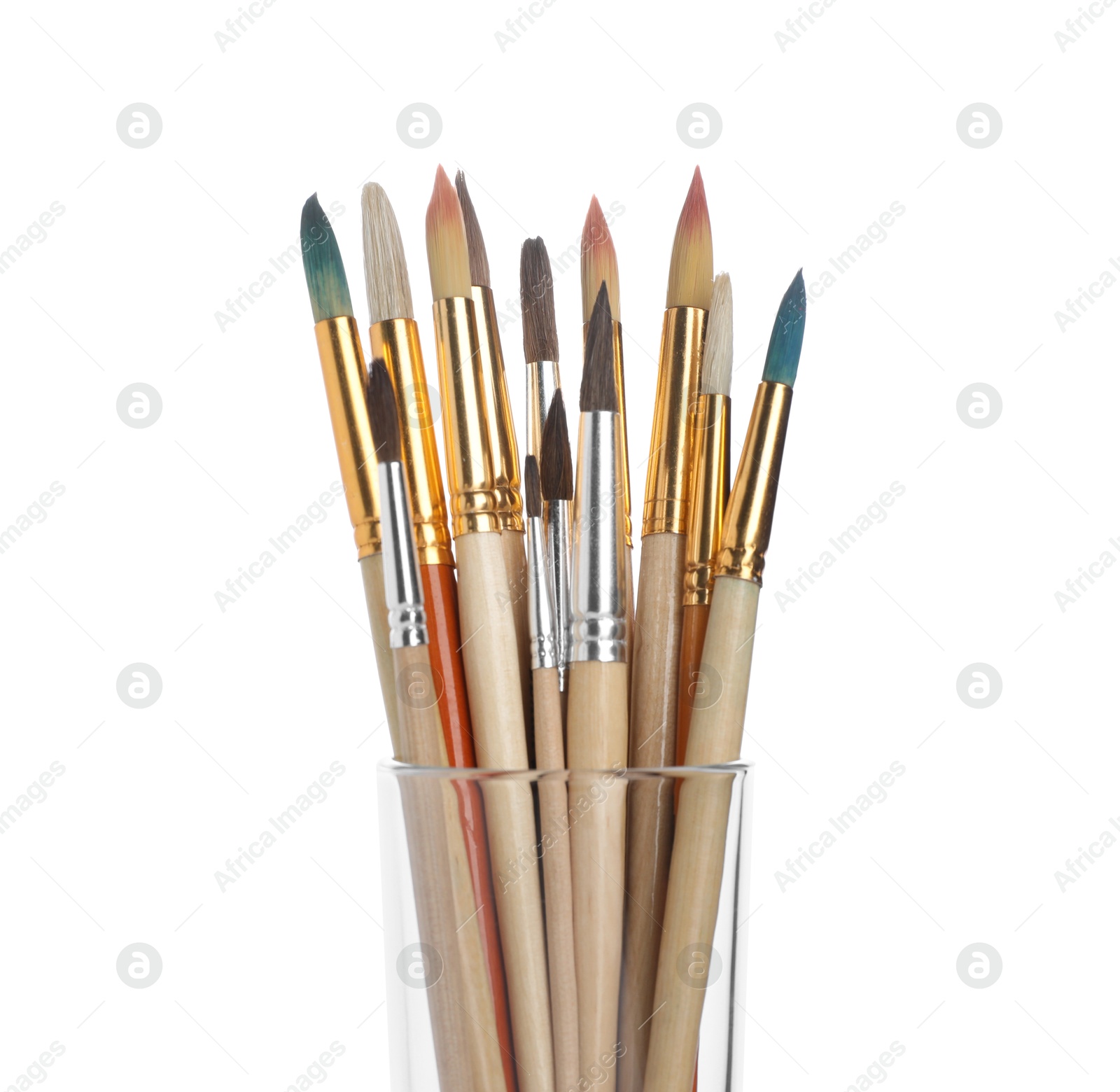 Photo of Many different paint brushes on white background