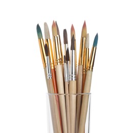 Many different paint brushes on white background