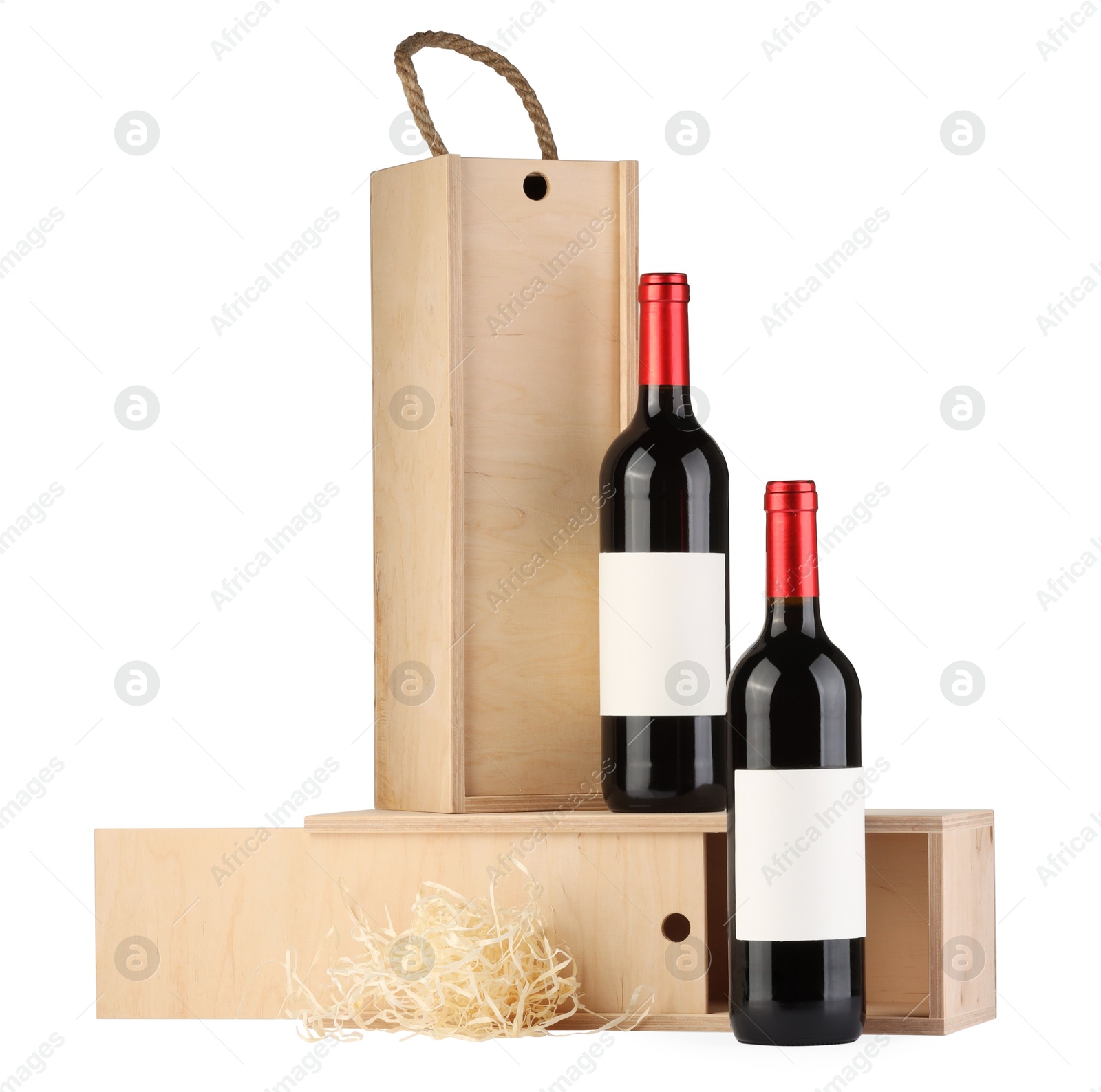 Photo of Wooden gift boxes with wine isolated on white